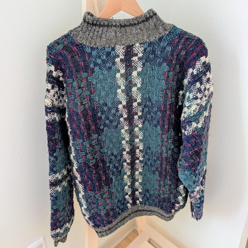 Vintage Plaid Waffle Stitch Button Front Wool Henley Sweater In Gray/Blue/Purple